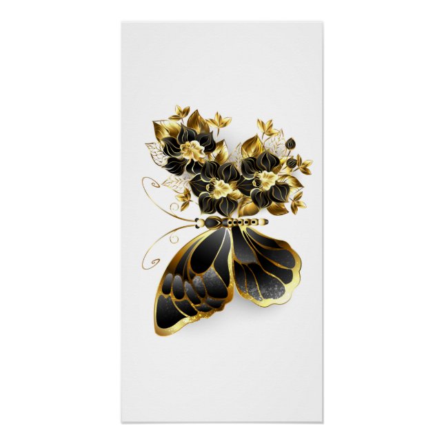 Póster Mariposa de flores de oro con orquídea negra (Anverso)