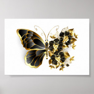 Póster Mariposa de flores de oro con orquídea negra