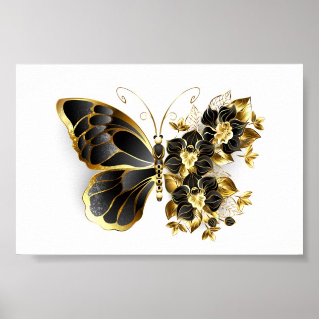 Póster Mariposa de flores de oro con orquídea negra (Frente)