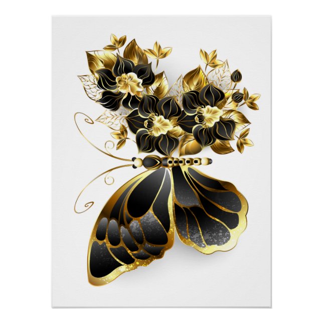 Póster Mariposa de flores de oro con orquídea negra (Anverso)