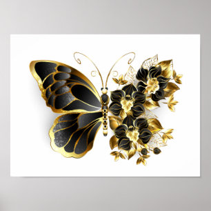 Póster Mariposa de flores de oro con orquídea negra