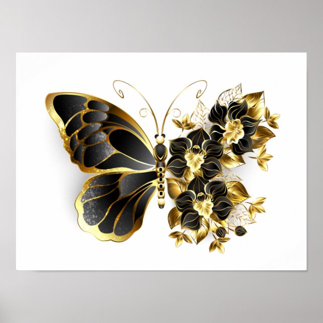 Póster Mariposa de flores de oro con orquídea negra (Frente)