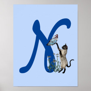 Póster Mariposa de gato siames Cute Monograma inicial N