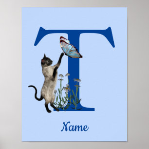 Póster Mariposa de gato siamés Monograma Inicial T Nombre