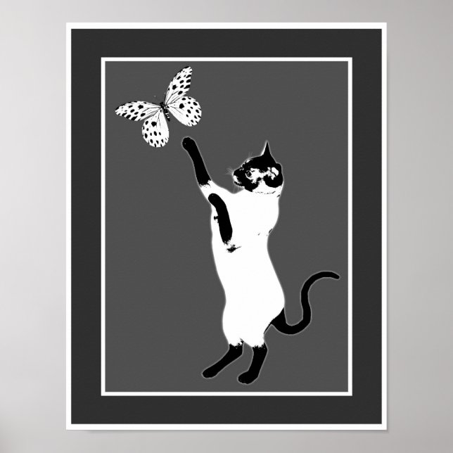 Póster Mariposa De Gato Siamesa Poster Blanco Y Negro (Frente)