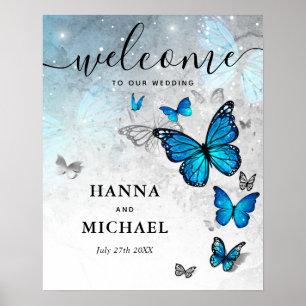 Póster Mariposa de Plata y Azul Bienvenida Boda