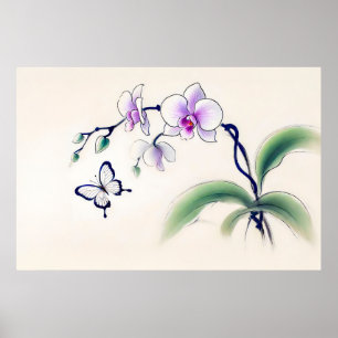 Póster Mariposa de tinta china sobre orquídea