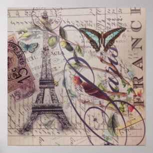 Póster Mariposa del campo francés de guiones Torre Eiffel