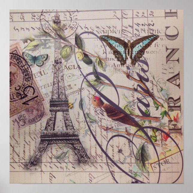 Póster Mariposa del campo francés de guiones Torre Eiffel (Frente)