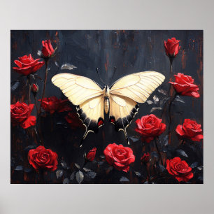 Póster Mariposa descansando entre vibrantes rosas rojas