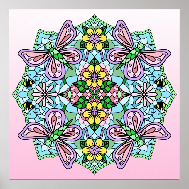 Póster Mariposa dibujada a mano rosa, flores Mandala (Frente)