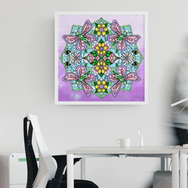 Póster Mariposa dibujada a mano rosa, flores Mandala (Subido por el creador)