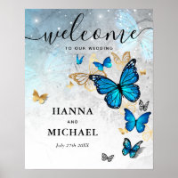 Mariposa dorada y azul Bienvenida Boda