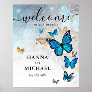 Póster Mariposa dorada y azul Bienvenida Boda