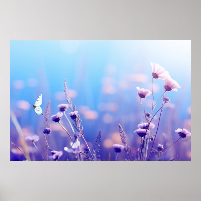 Póster Mariposa en flores moradas (Frente)