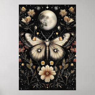 Póster Mariposa En Jardín De Flores Oscuras Bajo La Luna,