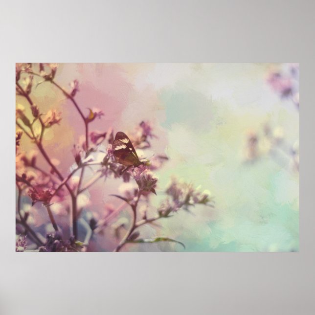 Póster Mariposa en rama de flores (Frente)
