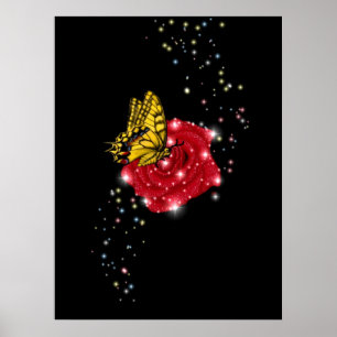 Póster Mariposa en rosa roja con estrellas y gotas de llu