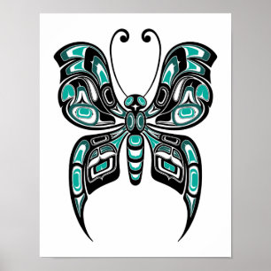 Póster Mariposa espiritual azul y negra de Haida en blanc