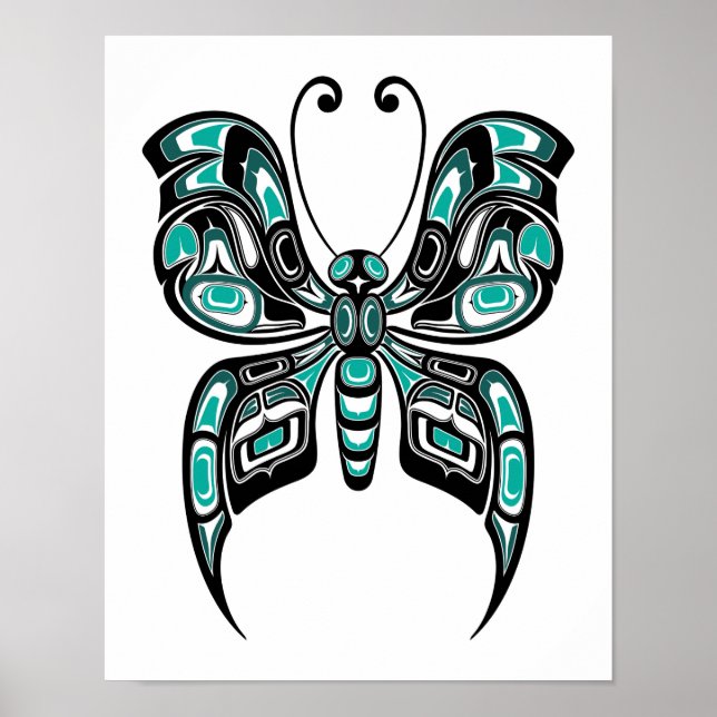 Póster Mariposa espiritual azul y negra de Haida en blanc (Frente)