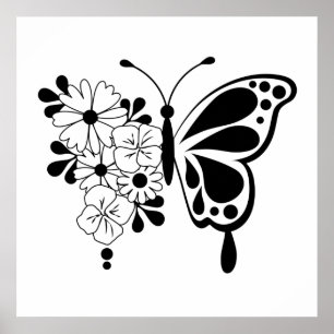 Póster Mariposa floral blanca y negra