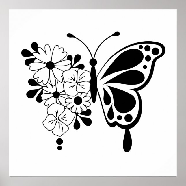 Póster Mariposa floral blanca y negra (Frente)