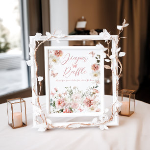 Póster Mariposa Floral rosa Baby Shower Diaper Raffle