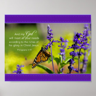 Póster Mariposa, flores púrpura