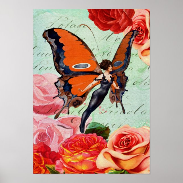 Póster Mariposa híbrida humana-animal con Rosas (Frente)
