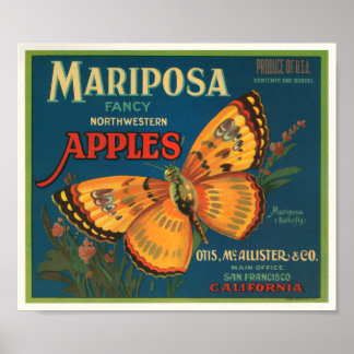 Póster Mariposa Marca Manzanas Etiqueta De Tapón Vintado 