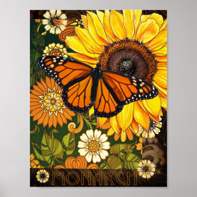 Póster Mariposa Monarca y Girasol Collage Vintage (Frente)