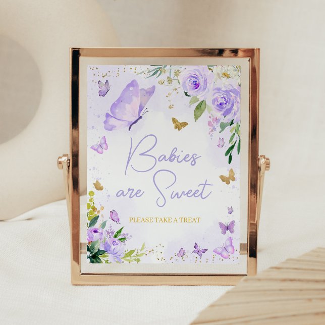 Póster Mariposa morada Baby Shower Los bebés son dulces (Girl Floral Butterfly Baby Shower Babies are Sweet Sign)