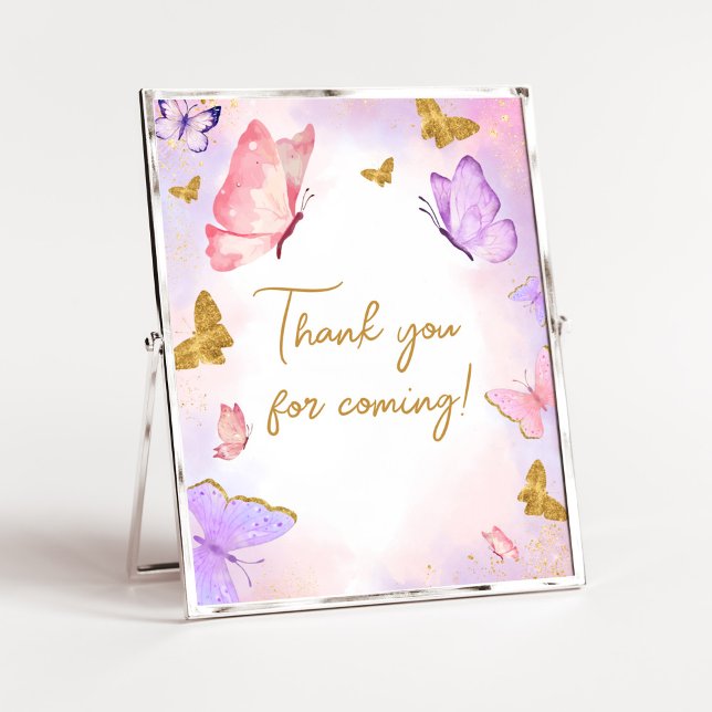 Póster Mariposa morada de oro rosado Gracias por venir (Boho Butterfly Baby Shower Thank you for Coming Sign)