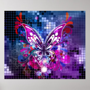 Póster Mariposa morada sobre fondo de mosaico Poster 2