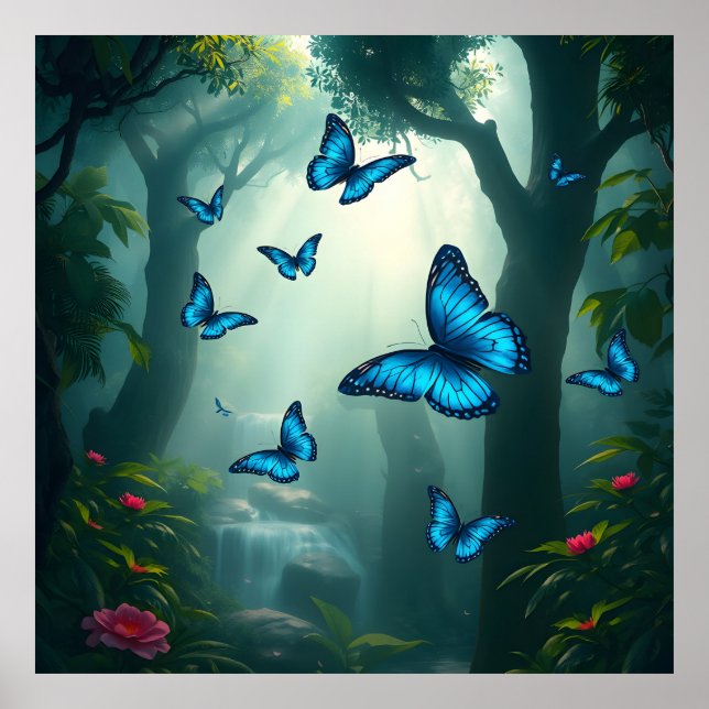 Póster Mariposa morfo azul en la selva tropical (Frente)