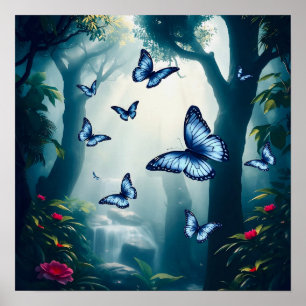 Póster Mariposa morfo azul en la selva tropical