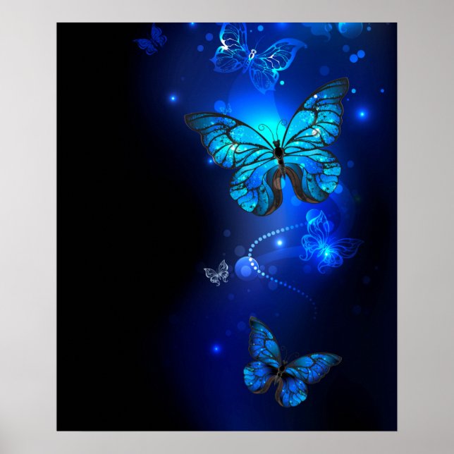 Póster Mariposa morfo en el fondo oscuro (Frente)
