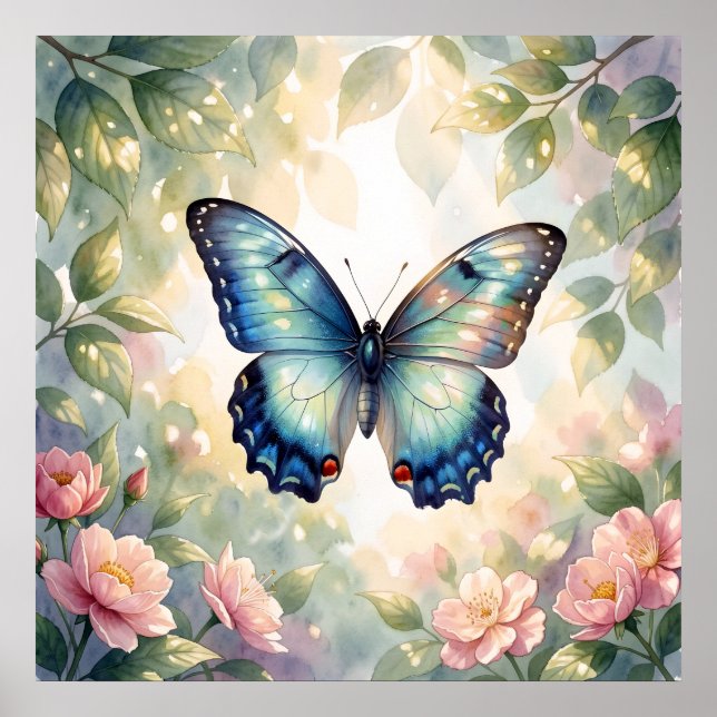 Póster Mariposa Morpho Azul Floral Botánico Acuarela  (Frente)