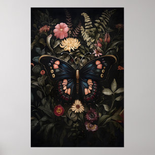 Póster Mariposa negra en jardín de flores oscuras, polill
