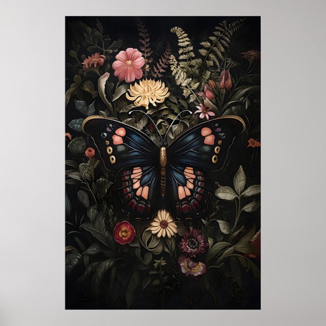 Póster Mariposa negra en jardín de flores oscuras, polill (Frente)