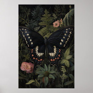 Póster Mariposa Negra En Jardín De Flores Oscuras, Polill