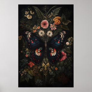 Póster Mariposa Negra En Jardín De Flores Oscuras, Polill