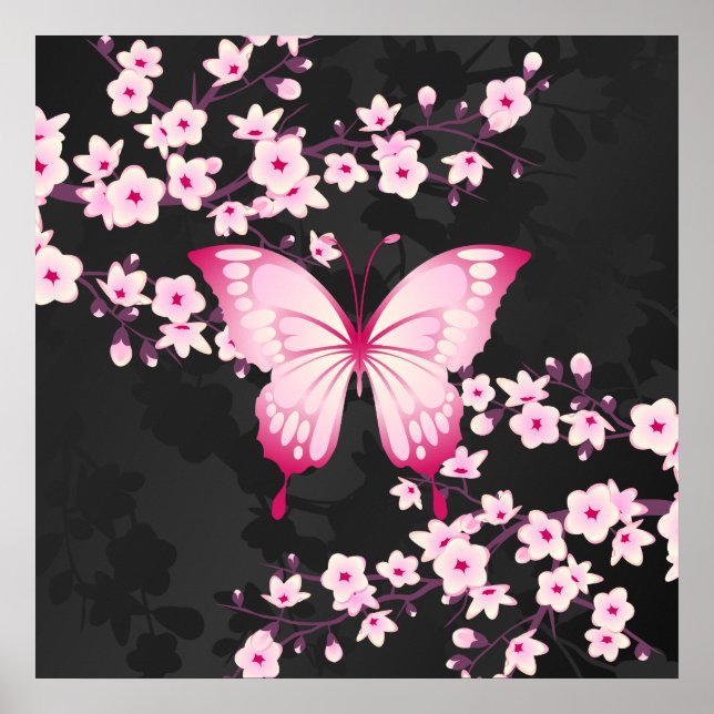 Póster Mariposa negra rosa y flores de cerezo (Frente)