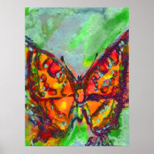 PÓSTER MARIPOSA ROJA EN DESTELLOS DE AZUL VERDE TERRACOTA