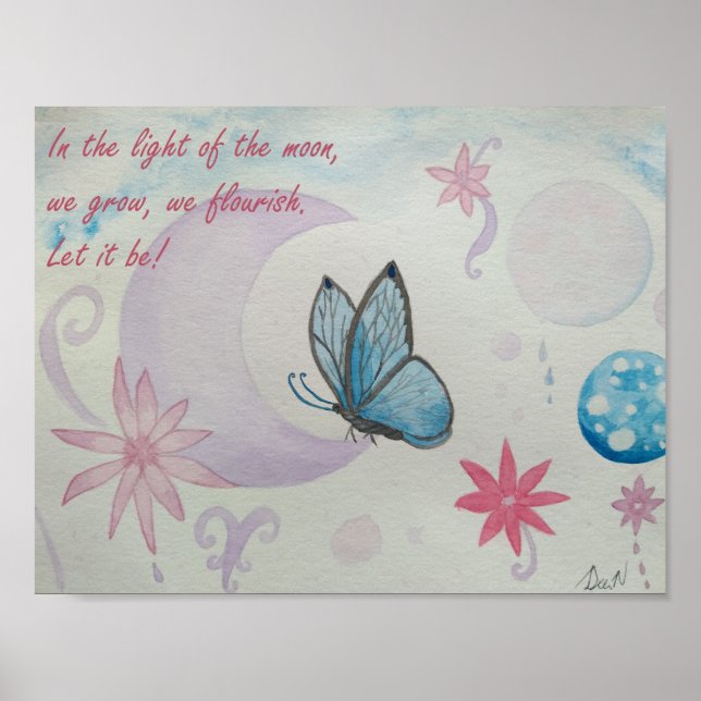 Póster Mariposa sentada en media acuarela de la Luna (Frente)