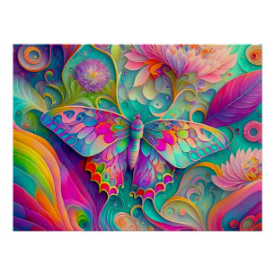 Póster Mariposa sicodélica colorida y flores