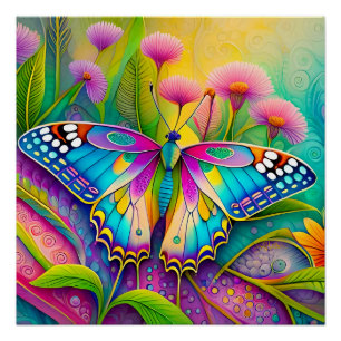 Póster Mariposa sicodélica colorida y flores silvestres