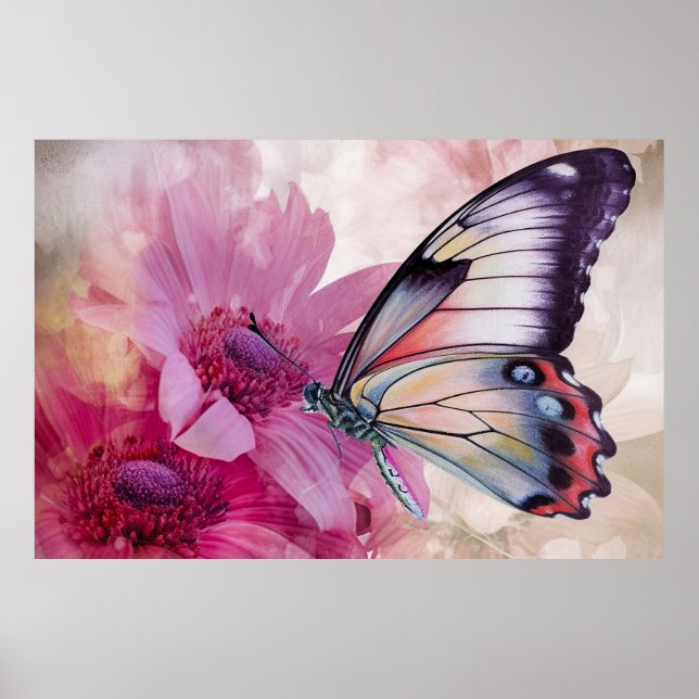 Póster Mariposa soñadora con flores rosas (Frente)