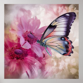 Póster Mariposa soñadora con flores rosas