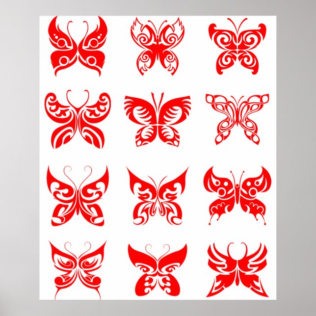 Póster Mariposa Tribal Roja Ornamental (Frente)